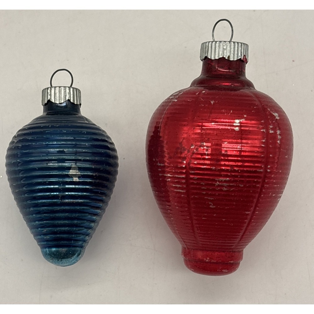 2 Vintage Shiny Brite Mercury Glass Lantern  Red Blue Christmas Ornament 3-3.5"